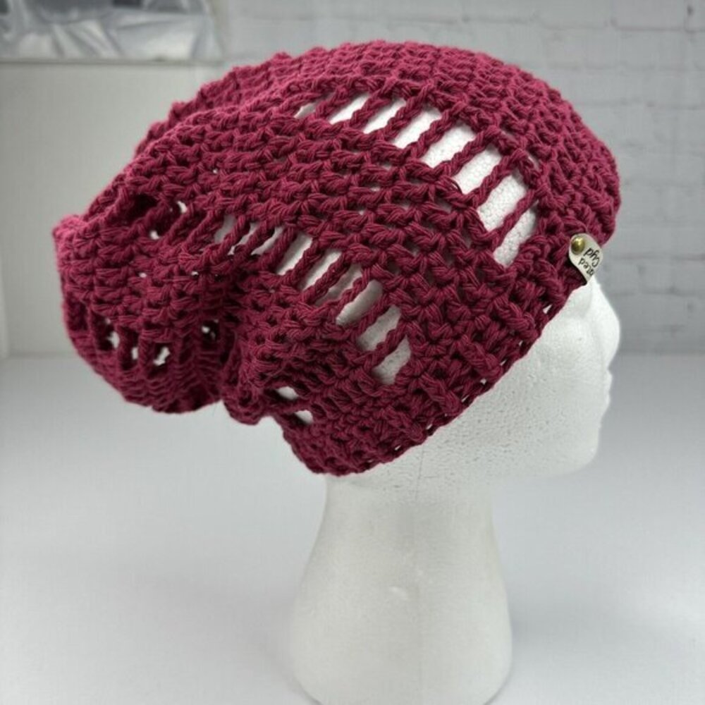 Created by Cyd Handmade Crochet Slouchy‎ Burgundy Open Knit Lattice Beanie NEW